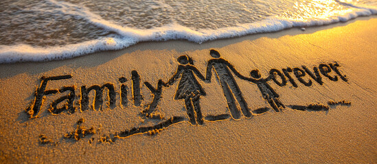 Smooth Wet Sand Family is Forever Writing with Minimalist Family Walking Illustration and Gentle Wave in Warm Wide Beach Composition