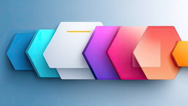 Colorful, 3D hexagons in a horizontal row, layered on a light blue background - Powered by Adobe