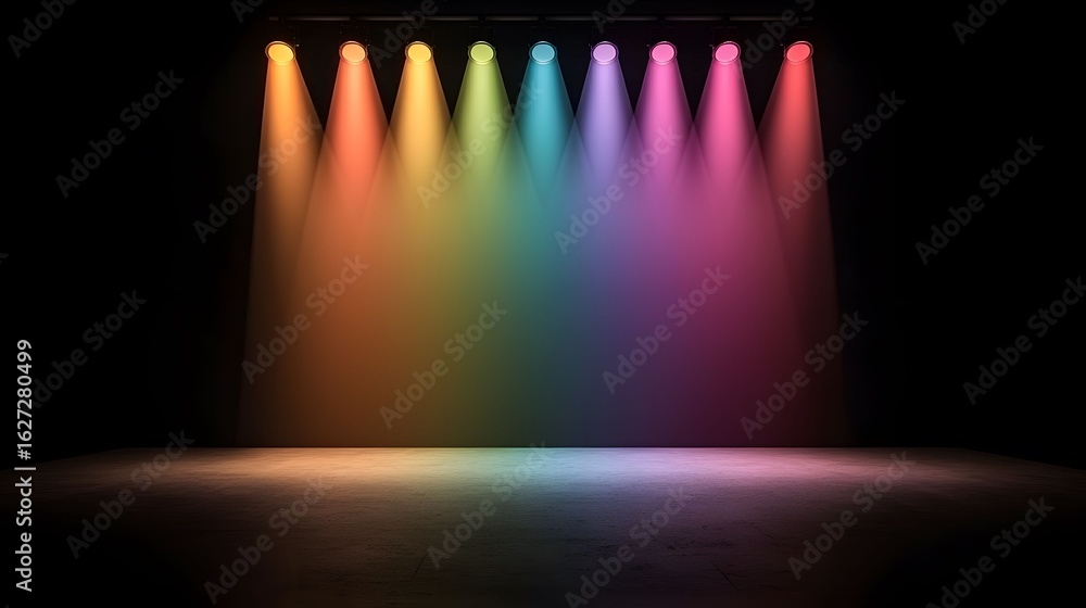 Poster the image showcases an array of colorful spotlights illuminating a dark stage, casting a vibrant rai