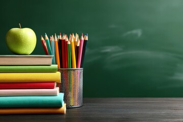 Stack of colorful books, green apple and colored pencils in pencil holder on the teacher's desk against the background of a green school board