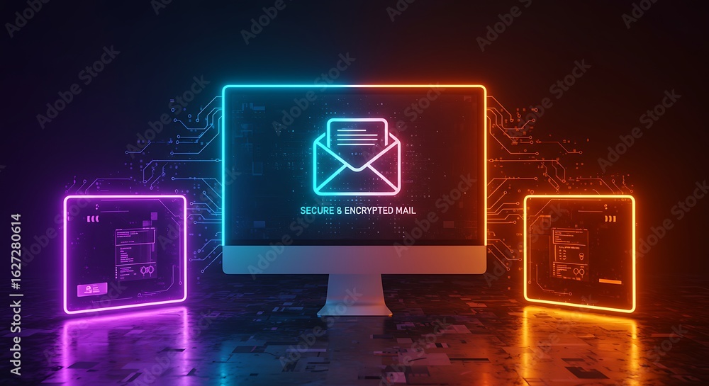 Fototapete neon illuminated computer screen displaying an email icon with surrounding glowing frames