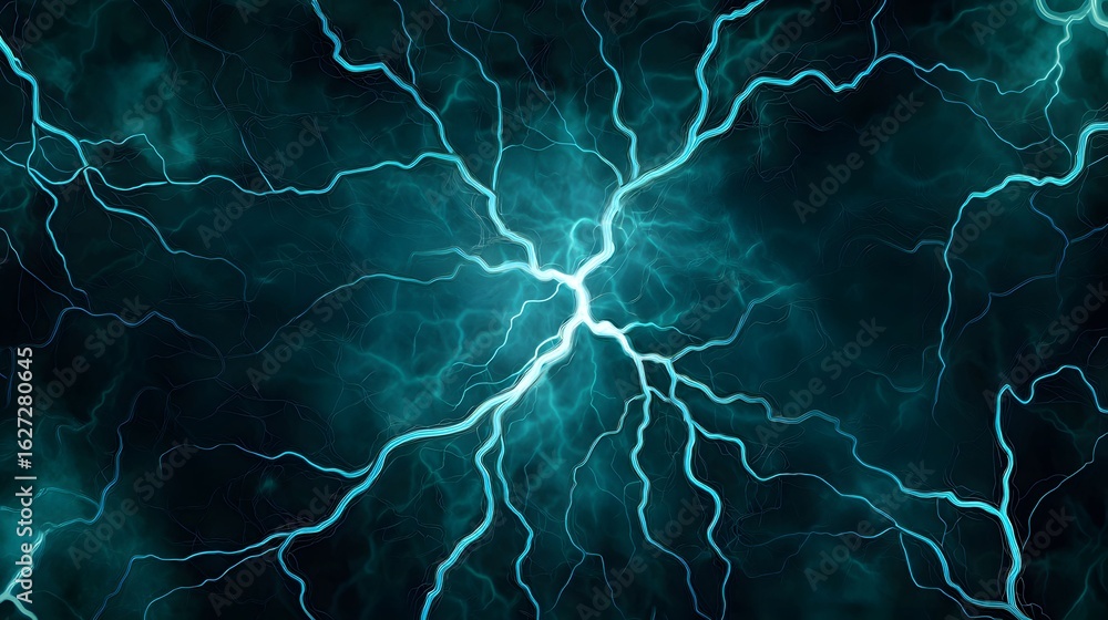 Poster the image displays a mesmerizing spectacle of bright teal lightning emanating from a central point a