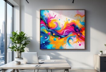 Vibrant abstract painting with swirling colors and dots.