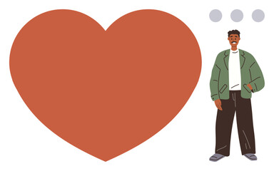 Smiling man in casual outfit beside oversized red heart, symbolizing love, kindness, and community. Ideal for relationships, happiness, mental health, care, inclusivity connection positivity