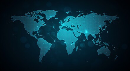 Digital world map with blue glowing lines on dark background