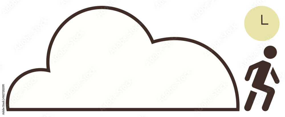 Poster simplistic design of a figure leaving a cloud with a minimalistic clock, symbolizing cloud storage, 