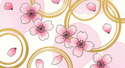Illustration of pink cherry blossoms with golden circles and petals on a white background art design