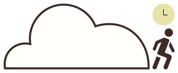 Simplistic design of a figure leaving a cloud with a minimalistic clock, symbolizing cloud storage, time, and transition. Ideal for technology, data management, productivity, simplicity, cloud