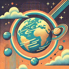 earth and moon, earth and space, planet earth and space, abstract vector illustration, abstract vector background, abstract vector background with colorful city, global business concept