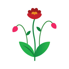 Simple Red Flower with Buds and Green Leaves on White bloom blossom