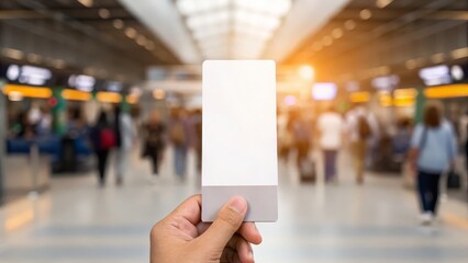 A hand holding a blank card in a blurred airport terminal with people walking in the background