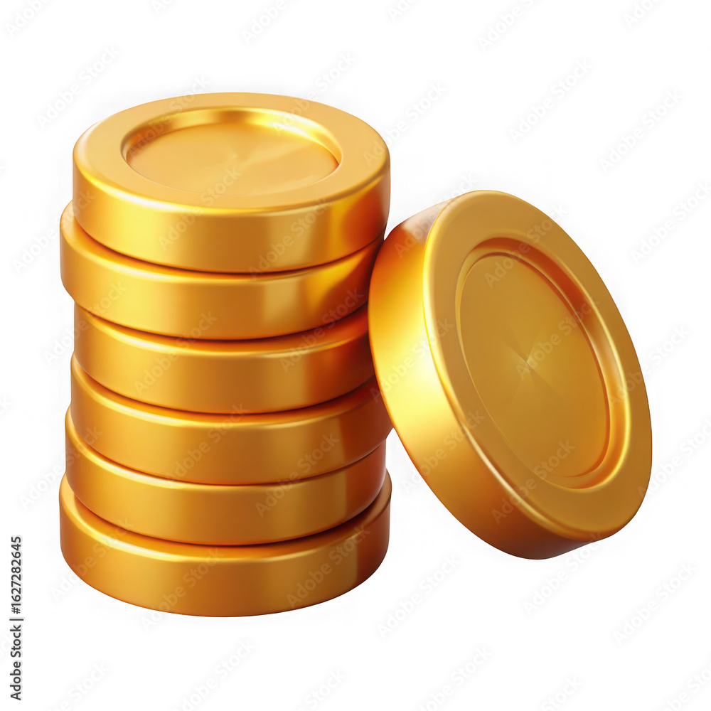 Poster a stack of shiny gold coins and one coin lying next to it isolated on transparent background