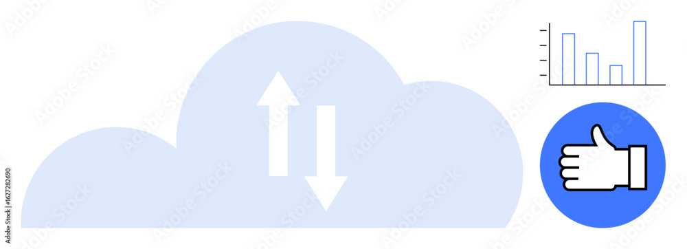 Poster cloud with two arrows indicating data exchange, bar chart representing analytics, thumbs-up in blue 