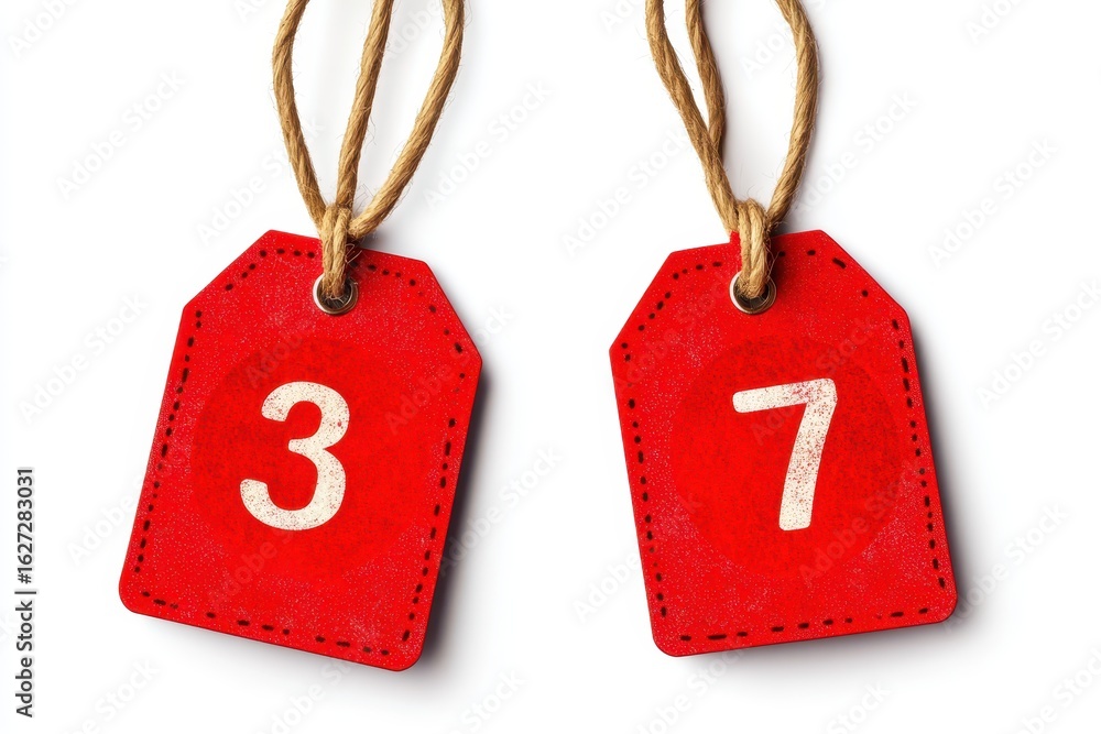 Poster two red tags with numbers 3 and 7 hanging by strings.