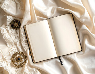 An elegant flat lay of a blank open notebook with antique brooches and delicate lace resting on a soft cream velvet fabric.
