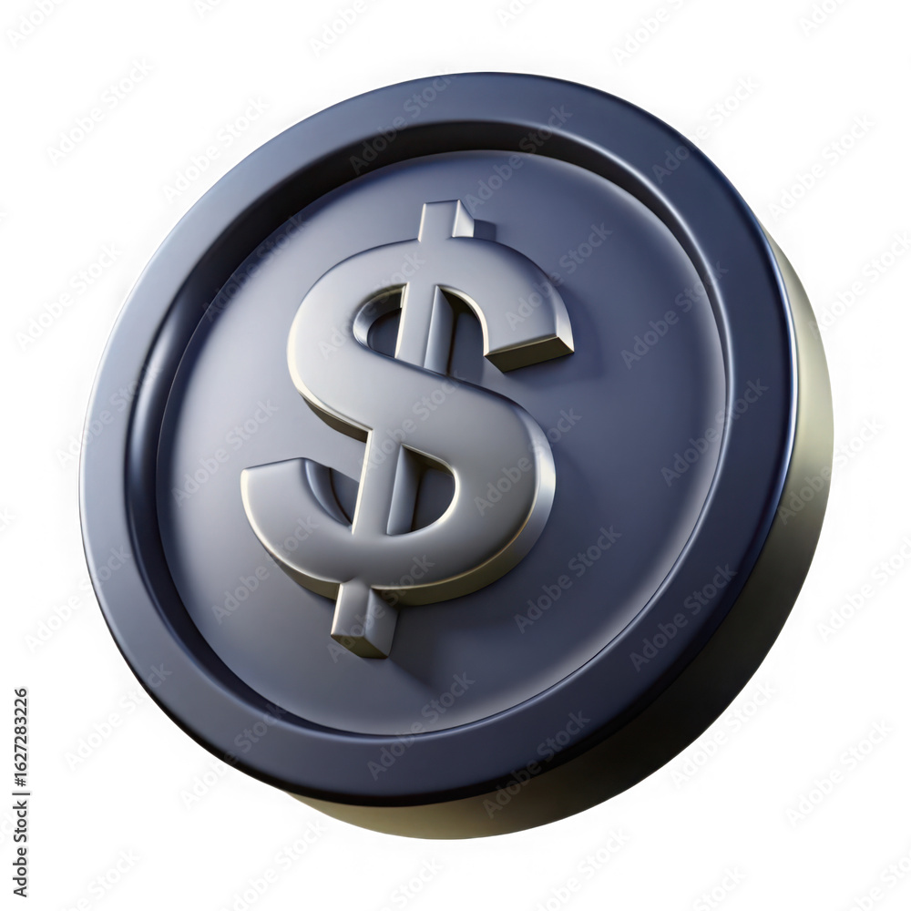 Poster a realistic 3d rendered metallic coin with a prominent dollar symbol embossed on it isolated on tran