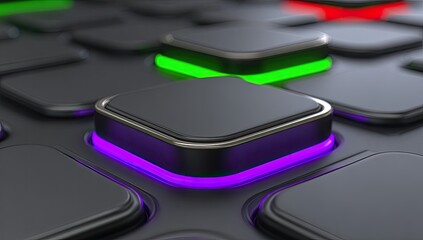 Close-up of dark gray square buttons with vibrant colorful lighting