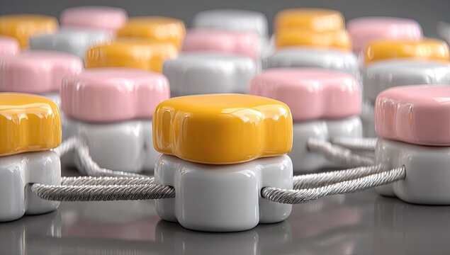 Abstract network of connected, pastel-colored, flower-shaped blocks