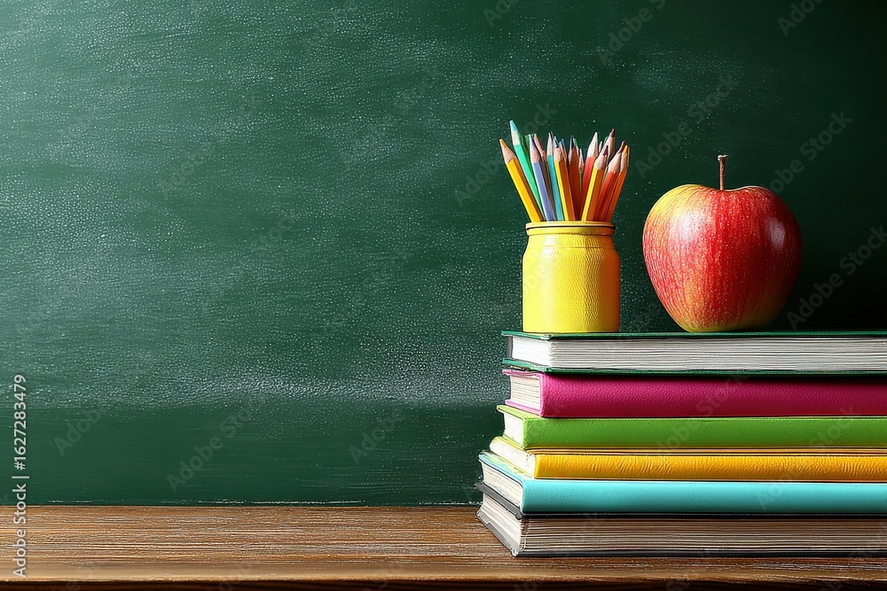 Poster back to school concept with stack of colorful books, colored pencils and red apple on wooden desk in