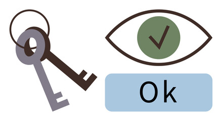 Two keys on a ring, an eye with a checkmark denoting approval, and OK text below. Ideal for themes thumbs up security, access, trust, verification, validation, permission simple flat metaphor