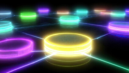 Abstract digital network of glowing circular objects