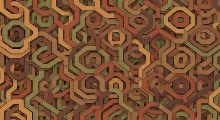 Abstract arrangement of interlocking geometric forms in brown, orange, and green tones creating a layered effect, concept for technology backdrops, intricate designs, and architectural presentation