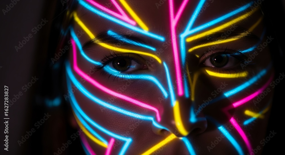 Poster close-up of a woman's face with bright neon lines projected on it creating abstract patterns, concep