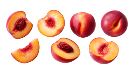 various angles and shapes of Peach halves isolated on a transparent background