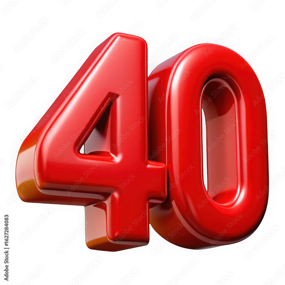 Poster shiny red number forty 3d render isolated on transparent background