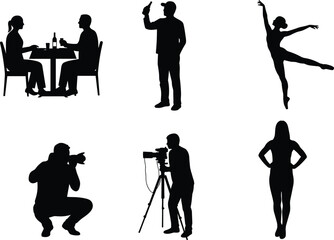 Obraz premium Silhouettes of people dining, drinking, dancing, photographing, modeling, lifestyle vector set, artistic poses, black silhouettes, human activity collection, creativity scene