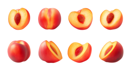 Collection set of Peach halves in various angles and shapes isolated on a transparent background