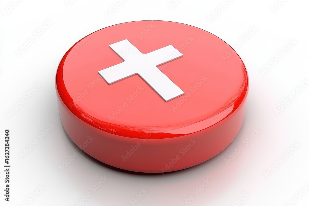 Poster 3d model of a red button with a white cross.