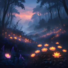 Glowing bioluminescent flowers in a magical forest at night, mysterious light, dark background, fantasy style, surreal beauty
