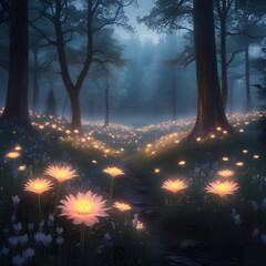 Glowing bioluminescent flowers in a magical forest at night, mysterious light, dark background, fantasy style, surreal beauty
