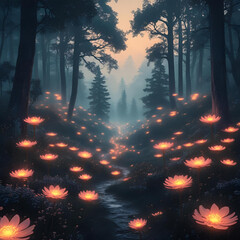 Glowing bioluminescent flowers in a magical forest at night, mysterious light, dark background, fantasy style, surreal beauty
