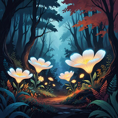 Glowing bioluminescent flowers in a magical forest at night, mysterious light, dark background, fantasy style, surreal beauty
