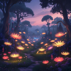 Glowing bioluminescent flowers in a magical forest at night, mysterious light, dark background, fantasy style, surreal beauty
