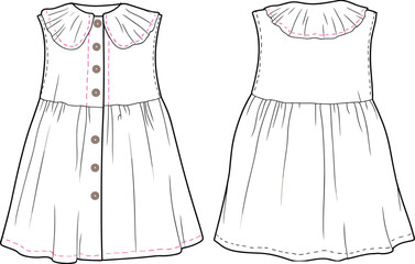Sleeveless baby girl dress flat sketch with ruffle collar, front buttons, back view, cute toddler fashion technical drawing template