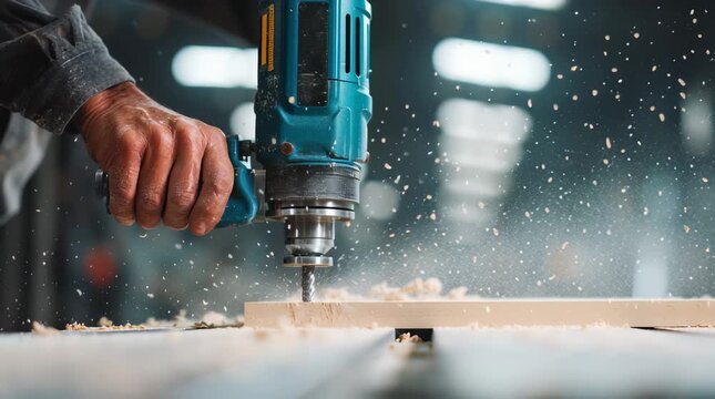 Skilled Worker Operates Power Drill on Wood in Workshop AIs Role in Job Displacement and Carpentry Precision