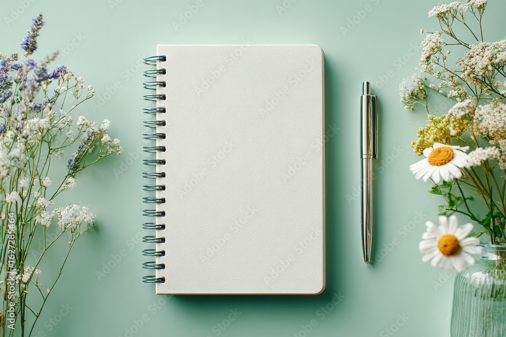 Poster flat lay mockup of a blank white notebook on a light green table, in a minimalistic style with flowe