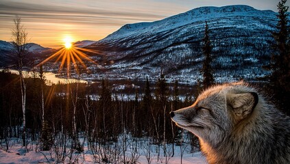 Obraz premium Arctic fox at winter sunset. Snowy landscape with mountains, forest, and a lake