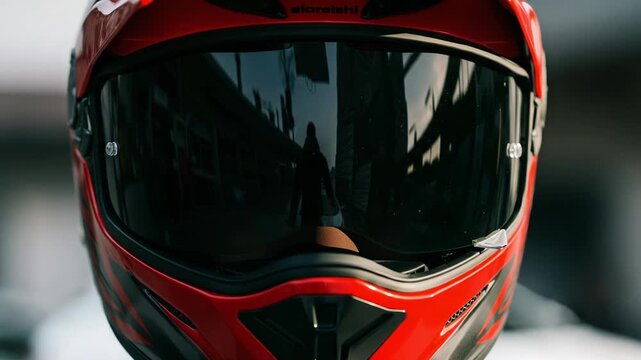 A closeup view of a red racing motorcycle helmet with a dark visor