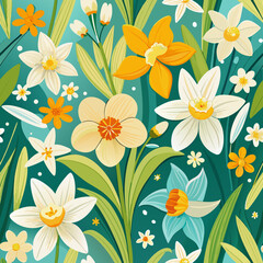 Vibrant spring daffodil floral pattern with white yellow and blue flowers on teal background