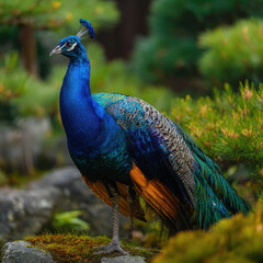 Majestic peacock displaying vibrant feathers in lush garden setting, surrounded greenery and rocks