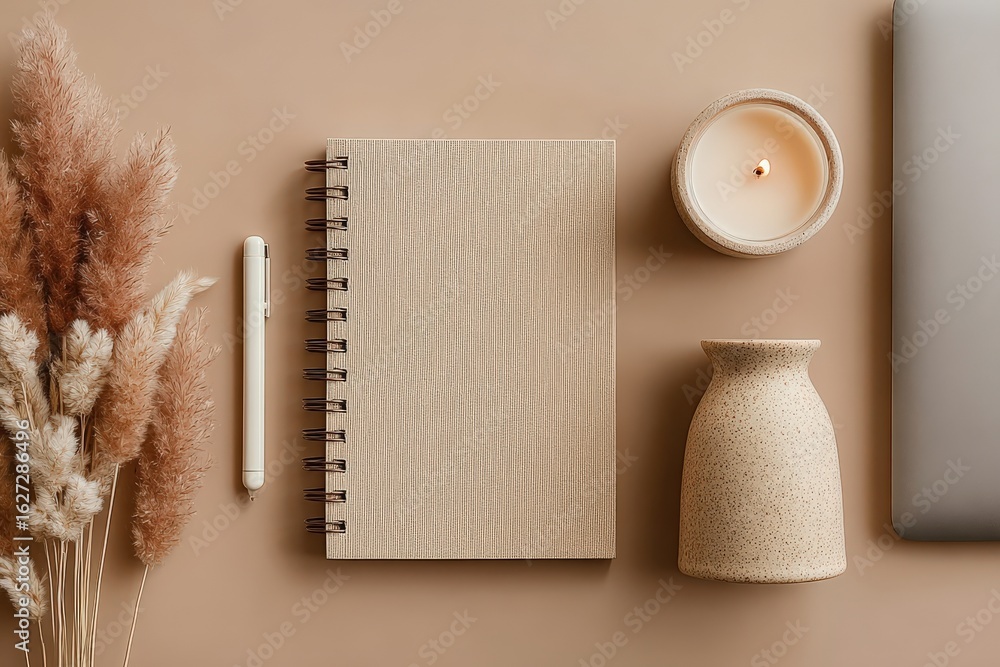 Poster flat lay, top view of a minimalist desk setup with copy space, featuring a spiral notebook, pen, pam