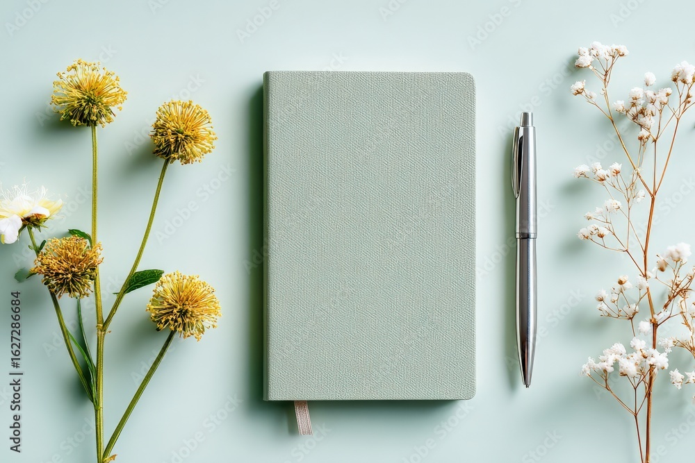 Poster flat lay of a closed notebook with a pen and flowers on a pastel green surface, composing a minimali