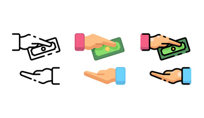 Icon set of hands exchanging currency in line and color styles.
