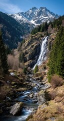 Obraz premium Mountain waterfall cascading into a valley