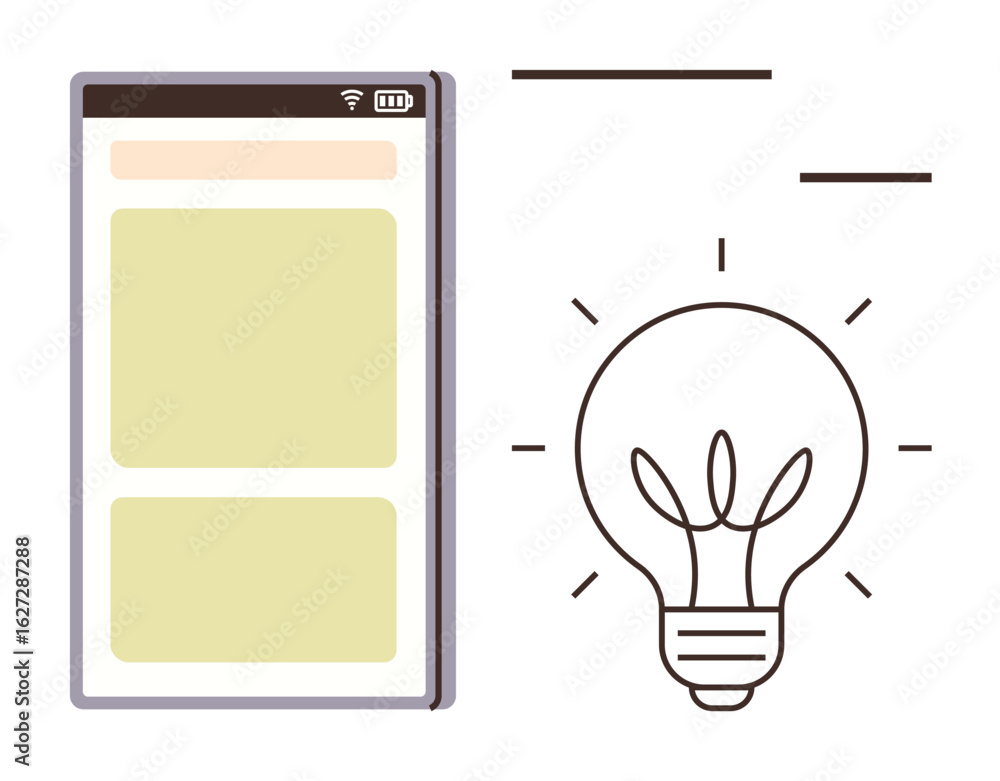 Aufkleber smartphone screen with app interface alongside a glowing light bulb with lines suggesting brightness