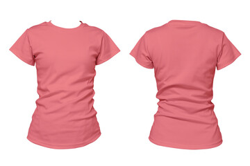 Pink blank woman t-shirt front and back isolated on white background, apparel mockup for fashion...